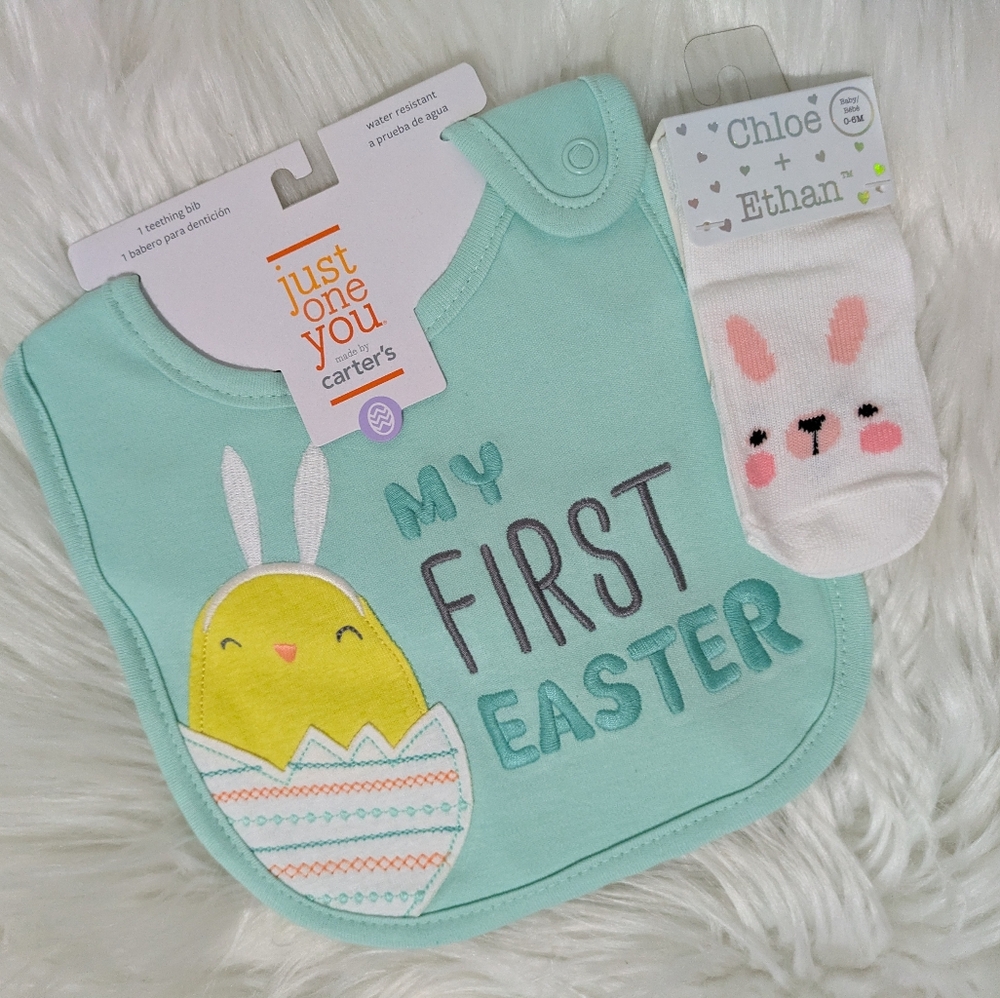 Carter's My First Easter Bib with Chick & Chloe + Ethan 0-6mos Bunny Socks! New